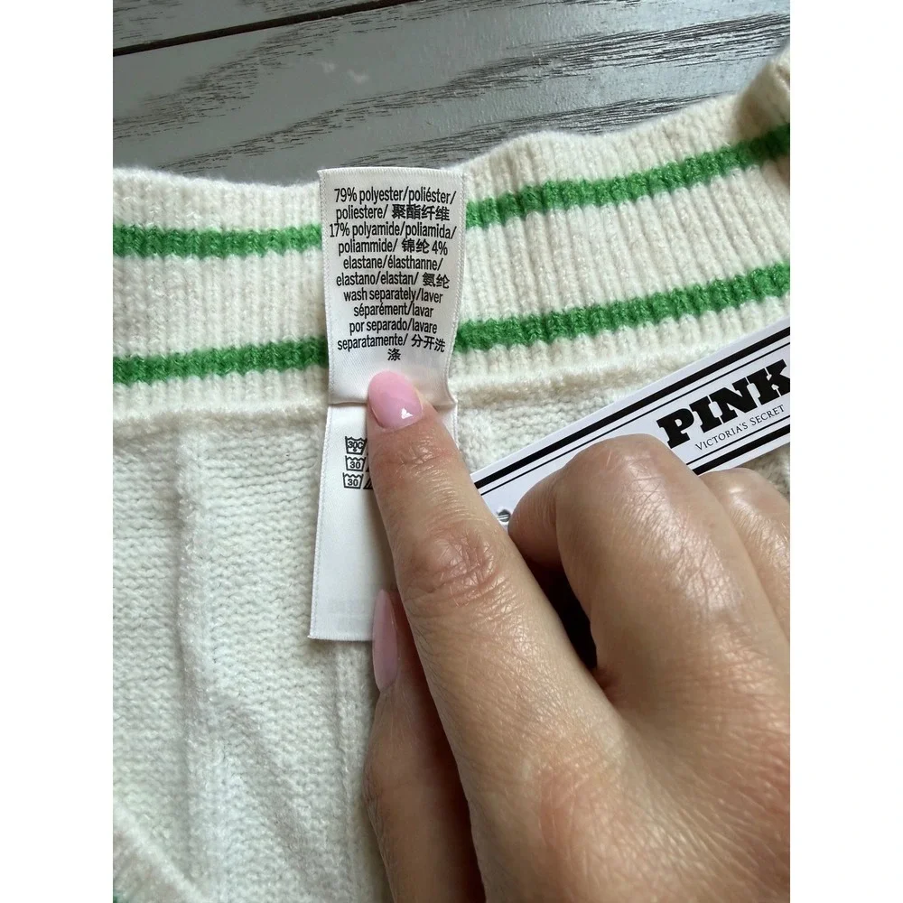 Victoria's Secret PINK Sweater Vest Cream Green Varsity Collegiate V-Neck XL NEW